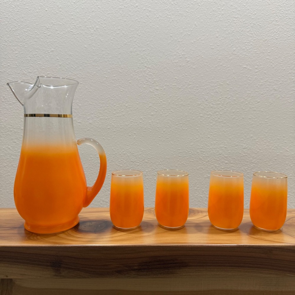 Vintage 70s Mid-Century Frosted Orange Glass Juice Pitcher 4 Matching Tumblers